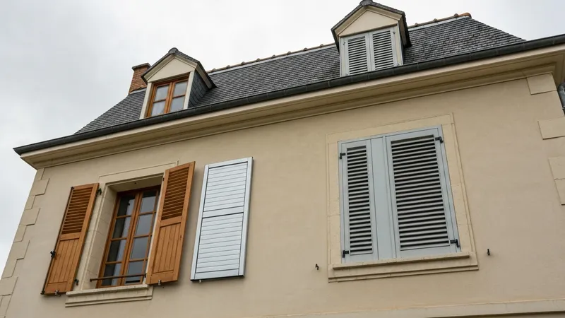 Volets battants en bois traditionnel sur façade de maison